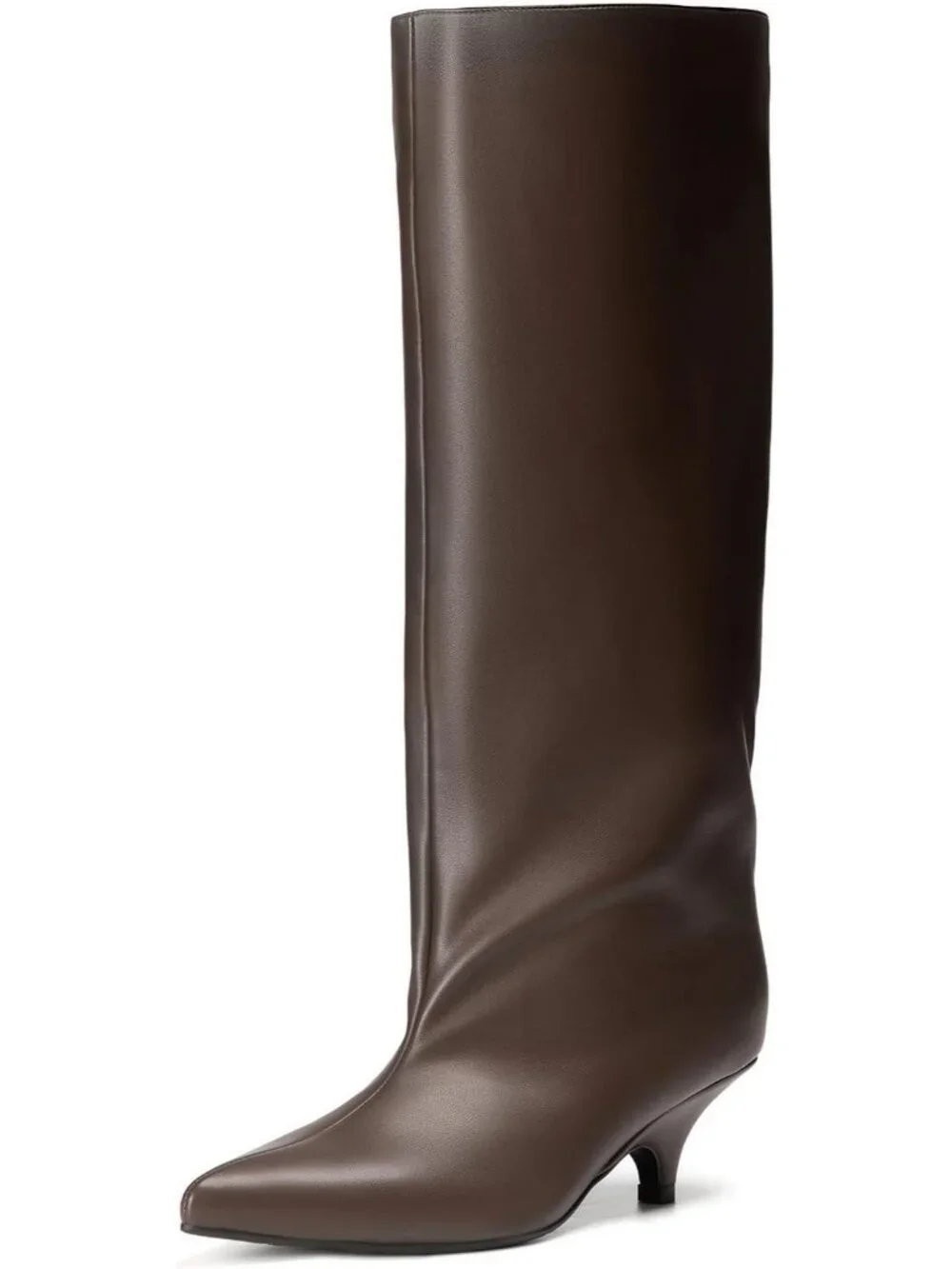 Women Brown Faux Leather Pointed-Toe Folded Wide Calf Low Kitten Knee-High Boot